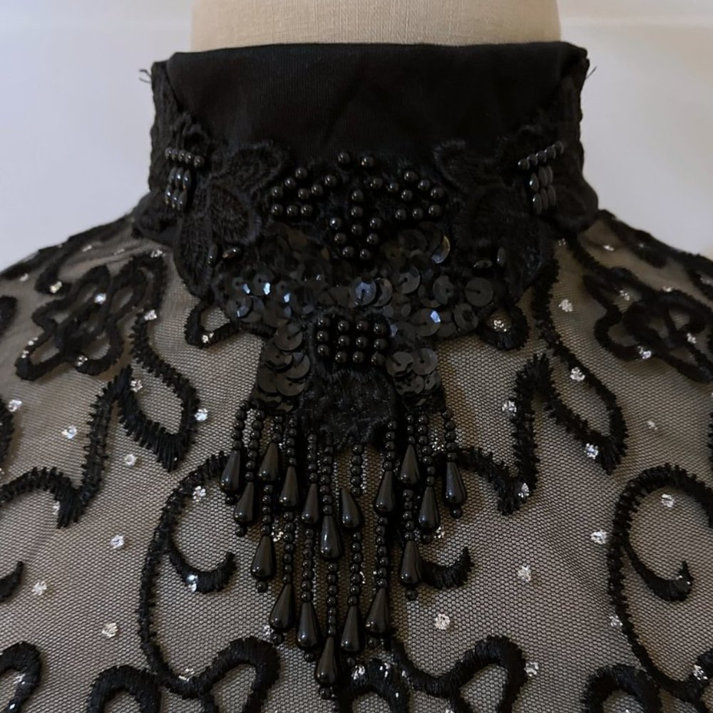 Victorian Vintage High Neck Capelet Black Womens M / L Sheer Beaded Fringed Cape - Picture 2 of 15